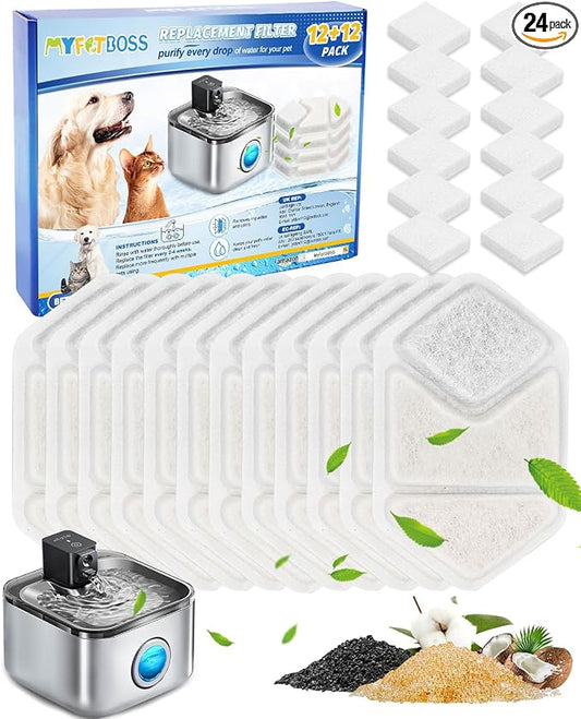 24 Pack Cat Water Fountain Filters Compatible with Speedeer Wireless Cat Fountain Stainless Steel Filters 135oz/4L ZTI0506 Filter for Cats with Pre-Filter Sponges