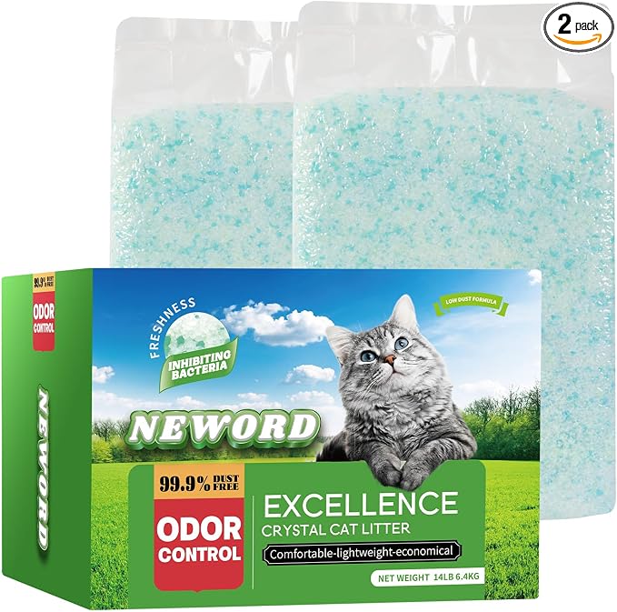 NEWORD Non-Clumping Crystals Cat Litter, Superior Odor Control Silica Gel Litter, Low Tracking & Dust-Free, Soft-On-Paws, Aloe Vera Fragrance, 14 lbs (2 Packs of 7lb Bags)