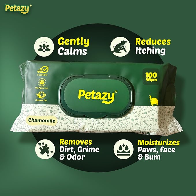 Petazy Pet Wipes for Dogs and Cats – 200 Count (8x8in) Hypoallergenic, Deodorizing Dog Wipes for Paws, Ears and Butt | XL with Aloe & Coconut Oil, Chamomile Scented | Travel Size, 2 On-the-Go Packs