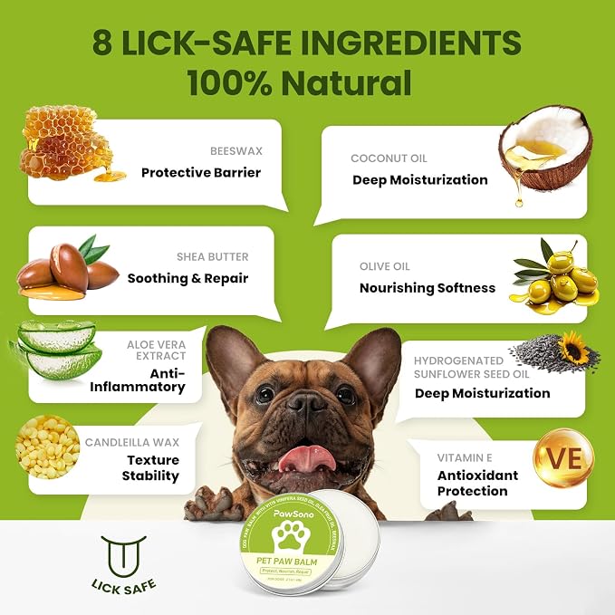 PawSono Lick-Safe Dog Paw & Nose Balm with Coconut Oil | All-Natural Moisturizer & Soother for Dry, Cracked Pads & Snout | Summer Hot Pavement & Sand Paw Wax, Nose Butter for Bulldogs (2.1 oz / 60 g)