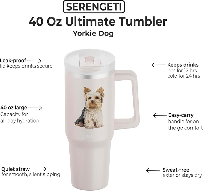 E&S Pets SERENGETI 40 Oz Ultimate Tumbler with Handle and Straw - Vacuum Insulated Tumbler with Straw and Lid - Stainless Steel Travel Mug for Pet Lovers - 3D Designs of your favorite Dog (Yorkie)