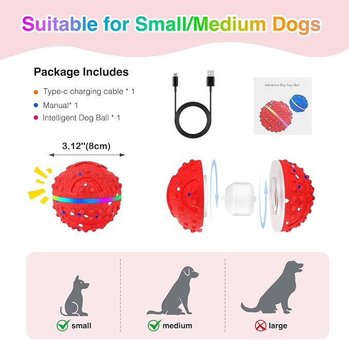 Interactive Dog Toys, Waterproof Smart Dog Ball, Rechargeable Moving Bouncing Dogs Ball with RGB Lights, 3 in 1 Play Modes Keeps Dogs Busy, E-TPU Material for Small Medium Dogs