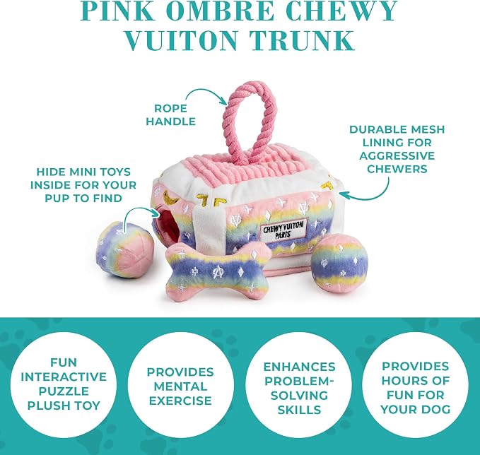 Haute Diggity Dog Chewy Vuiton Trunk Puzzle with 3 Plush Squeaky Dog Toys, Soft Durable Designer-Inspired Stuffed Puppy Chew Toys for Small & Medium Dogs, Machine-Washable (Pink Ombre) One Size