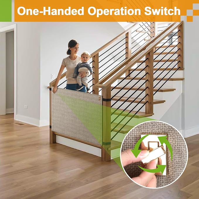 Baby Fabric Gate for Stairs Banisters - Dog and Pet Safety Barrier Gates for Stairway - No Drill Banister to Banister Baby Kids Gates for Stairs (Apricot, Wide 40" to 48" Height 34")