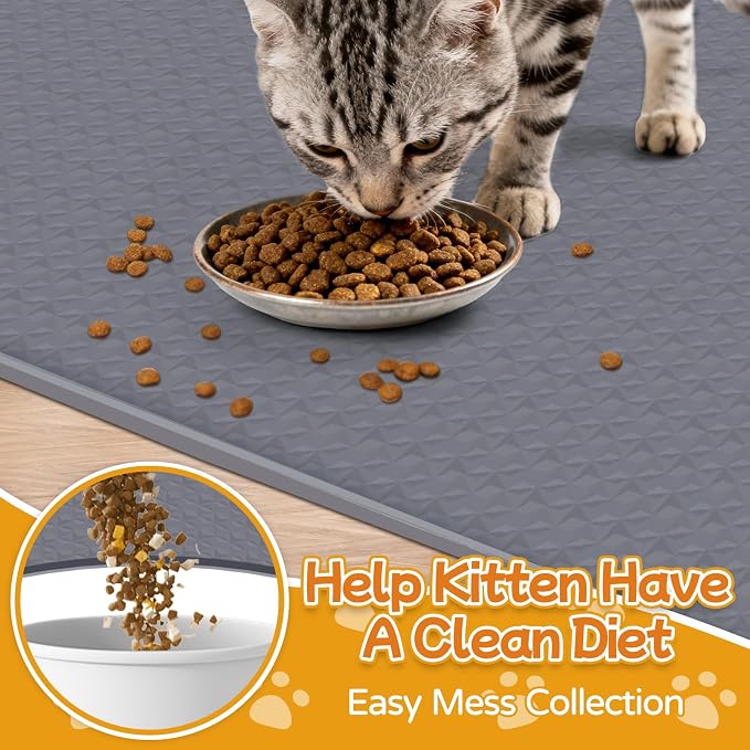 Cat Food Mat, 51" x 26" Large Silicone Mat Cat Feeding Mat with Raised Edge Non-Slip Pet Feeding Mat for Food and Water Bowl, Easy to Clean, Floor Protection (Gray)