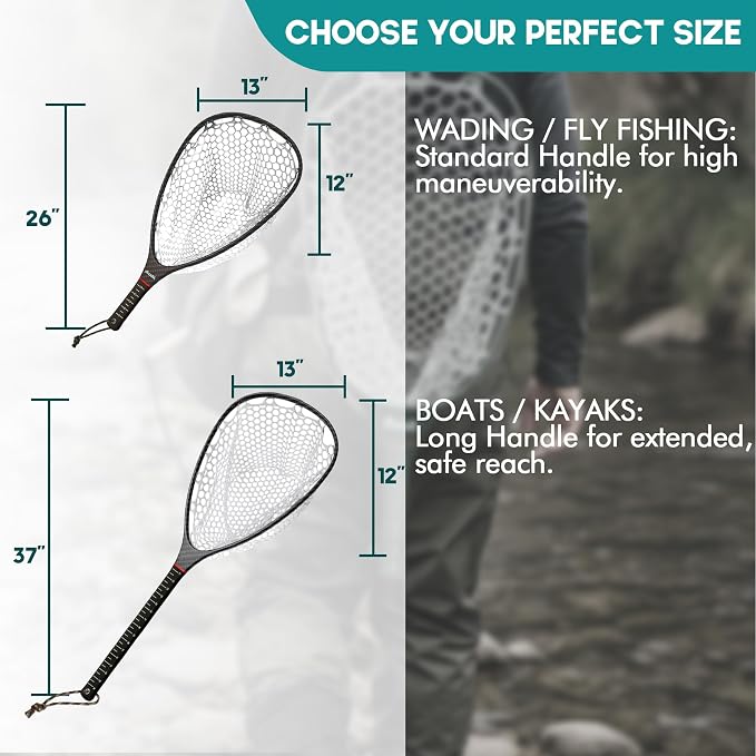 Riverruns Fly Fishing Landing Net Carbon Fiber Trout Net with Measurement Handle, Soft Rubber Mesh - 26" Standard (Wading) / 37" Long (Kayak)