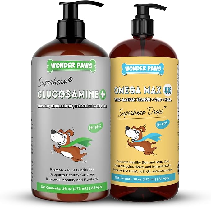 WONDER PAWS Liquid Glucosamine Superhero Drops Plus Omega Max Fish Oil - for Dog's Mobility, Skin and Joint Care & Immune Support – Liquid Glucosamine 16 Ounces - Omega Max 16 Ounces