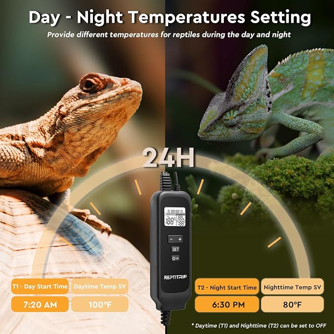 REPTITRIP 5.5 Inch Reptile Heat Lamp Fixture with PID Thermostat & 100W Ceramic Heat Emitter (Non-Light Emitting), Independent Day & Night Temperatures, Lampshade MAX 100W
