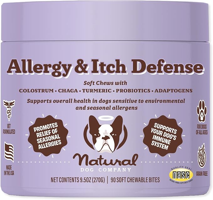 Natural Dog Company Allergy & Itch Defense Chews – Supports Seasonal Allergy, Itch, Skin, Coat & Immune Health, Gut Health with Probiotics, Colostrum & Salmon Oil, Grain-Free Dog Supplement, 90 ct