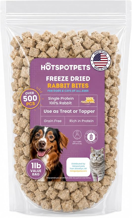 hotspot pets Freeze Dried Rabbit Treats for Dogs & Cats, USA Made - 1LB Bag 500+ Pcs, Single Ingredient Rabbit Bites - High Protein, Training Reward & Food Topper - Grain Free, Low Calorie Snack