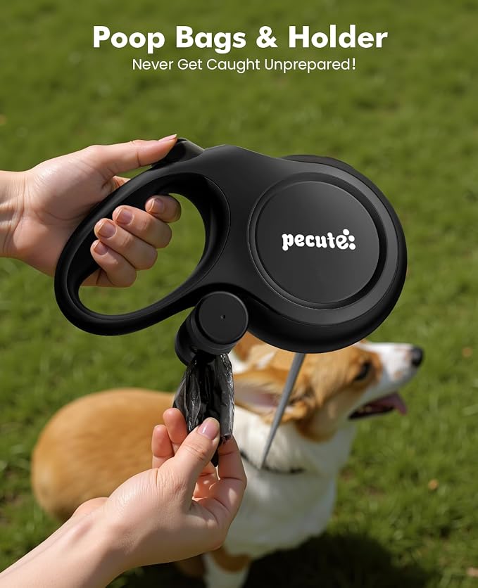 Pecute Outdoor Adventure Bundle: 26FT Retractable Dog Leash with Chew-Proof Cable & Poop Bag Holder + 22oz Portable Dog Water Bottle with Food Container, Leakproof BPA-Free for Hiking Travel