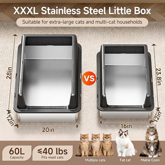 XXXL Stainless Steel Cat Litter Box with Lid (Black-B)