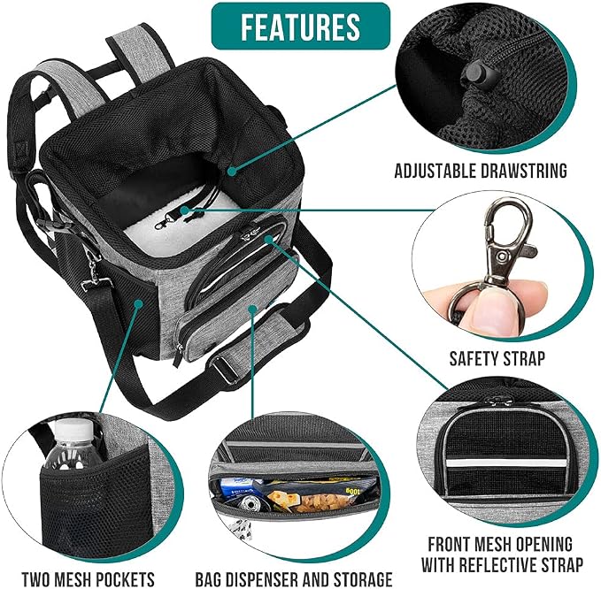 PetAmi Dog Bike Basket, Soft-Sided Ventilated Dog Bike Carrier Backpack, Pet Bicycle Basket for Bike Handlebar, Small Medium Puppy Cat Kitten Car Booster Seat with Safety Strap, Max 18 lbs, Gray