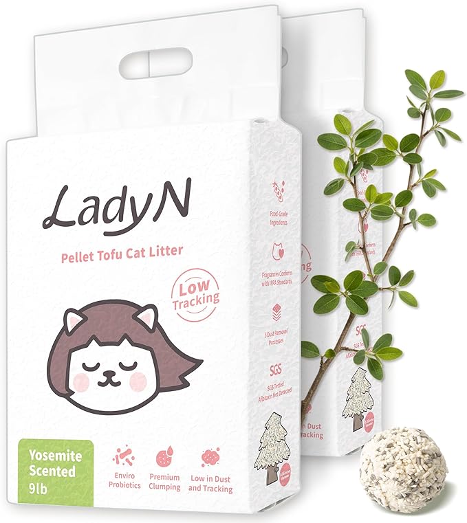 Lady N Pellet Tofu Cat Litter Yosemite Woody Scent, Strong Clumping, Ultra Absorbent, Dust-Free Low Tracking, Water-Soluble, Natural Ingredients, Enviro-Probiotic for Odor Control 18lb