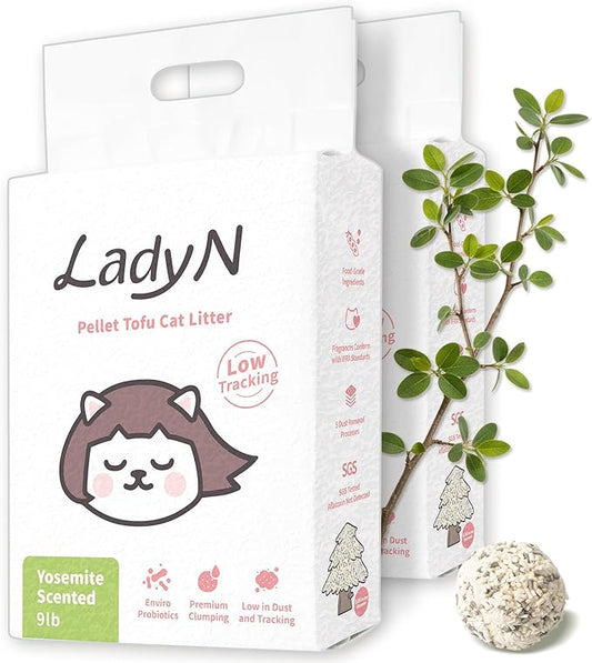 Lady N Pellet Tofu Cat Litter Yosemite Woody Scent, Strong Clumping, Ultra Absorbent, Dust-Free Low Tracking, Water-Soluble, Natural Ingredients, Enviro-Probiotic for Odor Control 18lb