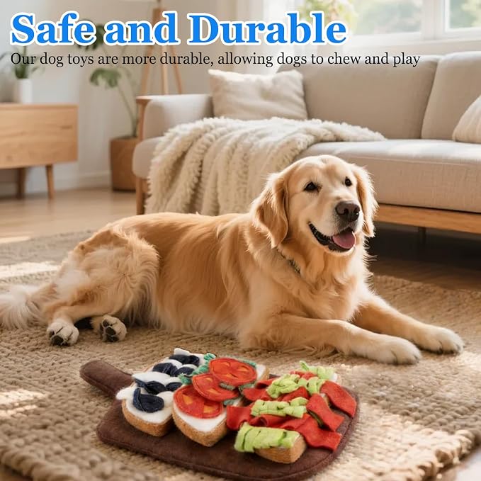 Dog Snuffle Mat for Boredom and Anxiety Relief - Interactive Puzzle Feeding Mat with Squeaky Crinkle Paper, Food-Hiding Design for Mental Stimulation & Energy Burning (Burger Fries Style)