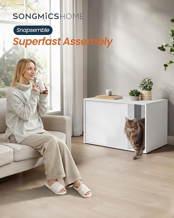 SONGMICS HOME Cat Litter Box Enclosure, Snapsemble Superfast Assembly, Litter Box Furniture for Large Cats, Display Side Table, Push-to-Open Doors, Minimalist Modern, Snow White UPCL013W01