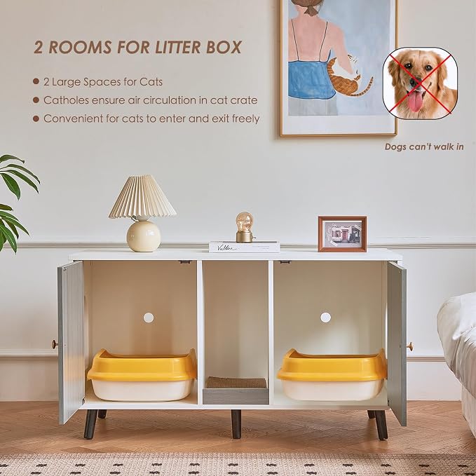 Cat Litter Box Enclosure for 2 Cats, Hideaway Litter Box Furniture with Scratching Pad, Enclosed Litter Box TV Stand Pet Washroom End Table Side Table, Grey