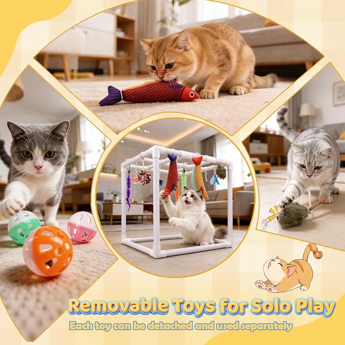 BABORUI Cat Play Gym, Indoor Hanging Activity with 15 Toys, Cat Toys to Keep Them Busy, Adjustable Cat Playground for Indoor Cats at Home
