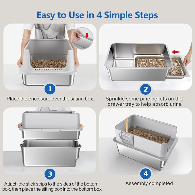 23.6x16x14'' Sifting Litter Box with Drawers, Stainless Steel Drawer Litter Box with 6'' Lid & Metal Scoop, XL Cat Litter Tray, Odor-Control & Saves Clean Time, Fits Most Cats
