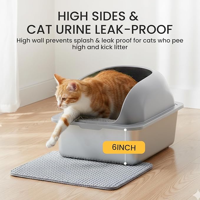 Simple Deluxe XL Stainless Steel Cat Litter Box with Lid, Extra Large Metal Litter Pan for Large Cats with High Sides, Urine-Proof Non-Stick Easy Clean, Light Gray