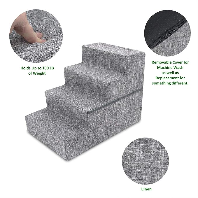 Best Pet Supplies Round Bed for Pet, 4-Step Pet Stair, Grey Linen (Foldable)