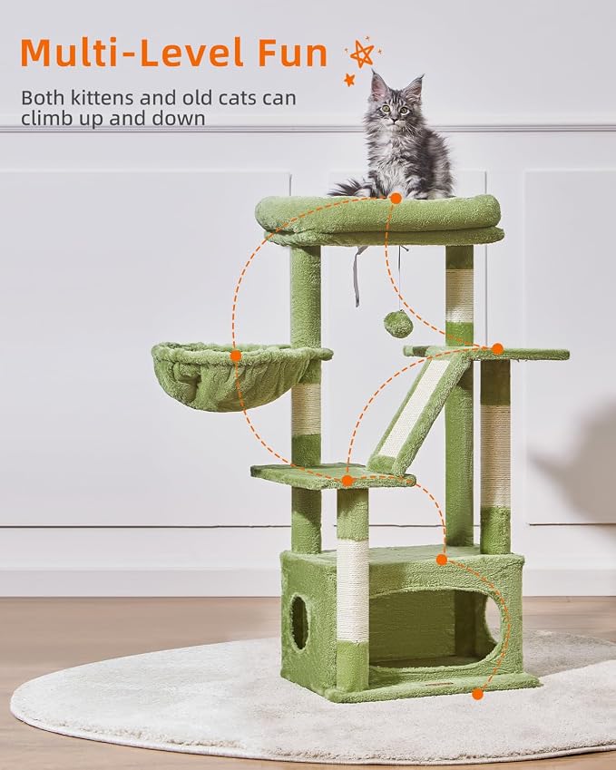 Taoqimiao Cat Tree,38.5-Inch Cat Tower for Indoor Cats,Suitable for Kittens with Luxurious cat condo with Adjustable Baskets and Luxurious Perch MS029SGR Green
