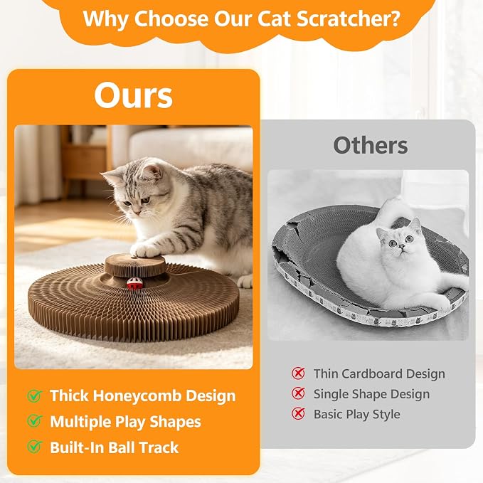 Coppthinktu Cat Scratcher, Interactive Cat Toys for Indoor Cats, Foldable Accordion Cardboard Scratching Board with Bell Ball, Cat Toy for Kitten Play, Chase & Exercise