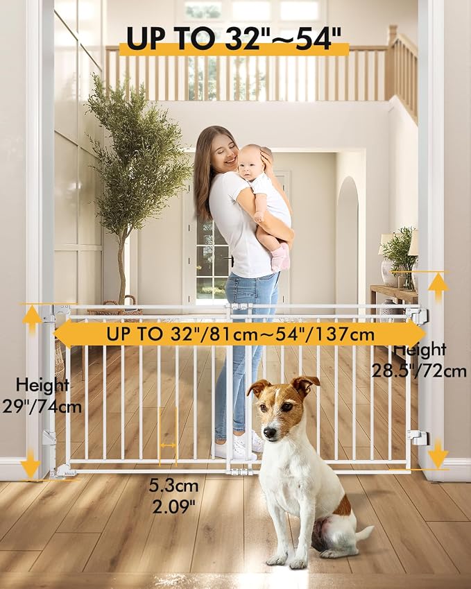 Baby Gate for Stairs, Doorways & Hallways with Auto Close – 32"-54" W x 29" H, Extra-Wide Walk Thru and No Bottom Bar for Easy Access, Adjustable Safety Gate for Dogs & Toddlers, White
