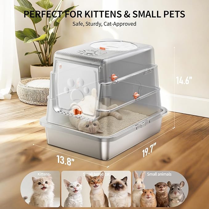 Stainless Steel Cat Litter Box with Lid, Small Enclosed Metal Litter Pan with High Sides, Full Flip Cover Litter Box for Kittens, Include Scoop & Step, Leak Proof Easy Clean Odor Control, Grey