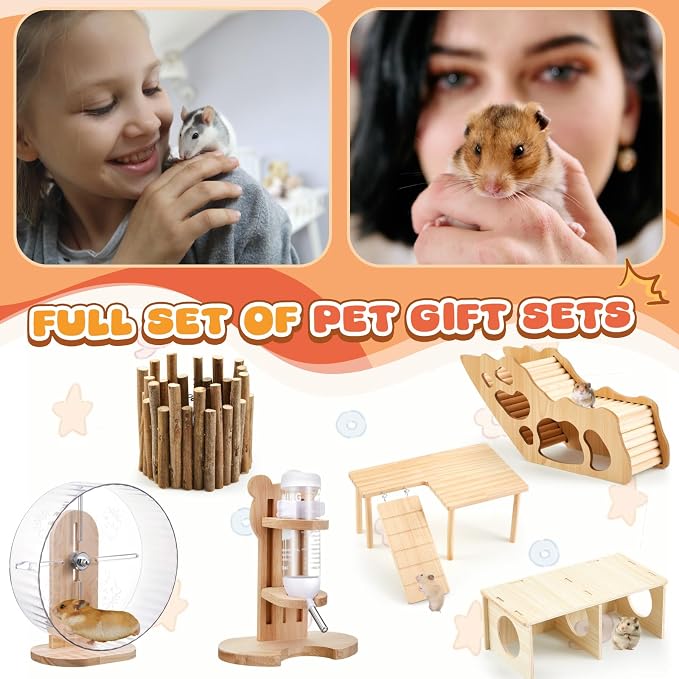 6 Pcs Hamster Toys Set, Maze Wood House, Climbing Ladder Wooden Bridge Tunnel Toy Platform Silent Exercise Running Wheels and Water Bottle Set for Rat Guinea Pig Habitat Cage(Basic)