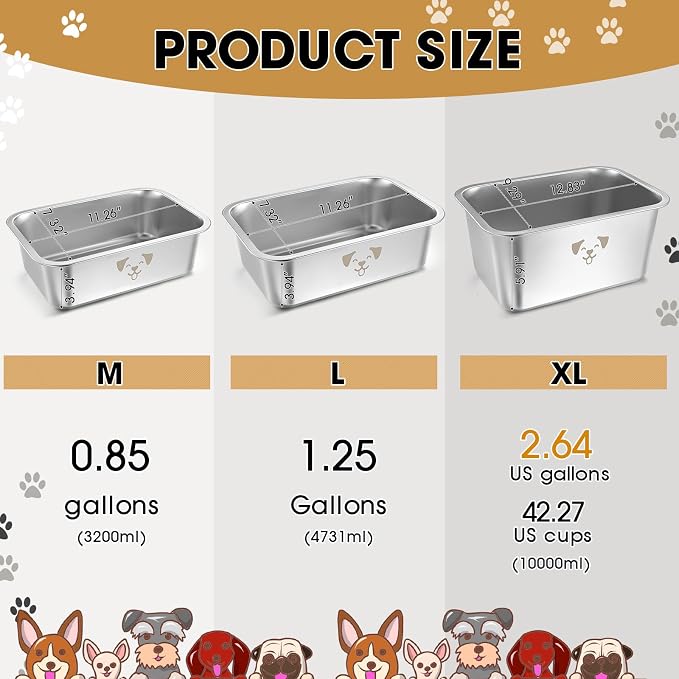 Sweetude 4 Pcs Stainless Steel Dog Bowls Bulk High Capacity Metal Dogs Food and Water Bowls for Large Dogs Pets(Silver,2.64 Gallon)