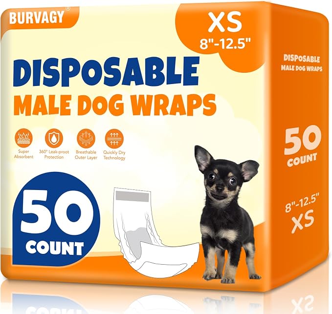 BURVAGY 50 Count Disposable Male Dog Wraps, Male Dog Diapers, Super Absorbent Pee Wraps, Belly Bands for Dogs, Leak Proof, Wetness Indicator, Puppy and Doggie Diaper for Peeing, X-Small