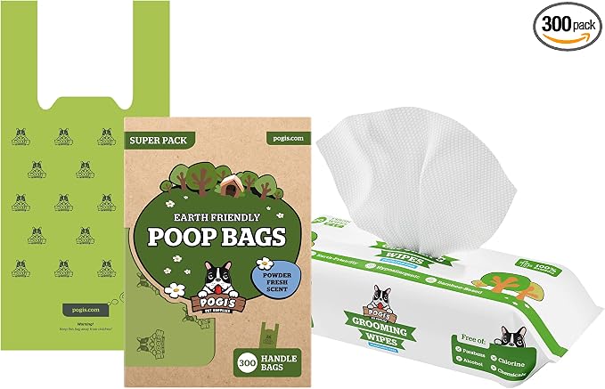Pogi's 300 Dog Poop Bags w/Handles and 100 Plant-based Green Tea Leaf Scented Grooming Wipes Bundle