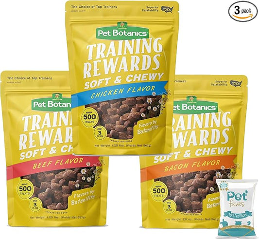 (3 Packs) Training Rewards Treats for Dogs, Speeds Up Learning Curve, No BHA, BHT, Ethoxyquin, Bacon, Beef, Chicken, 20 oz with 10ct pet Wipes