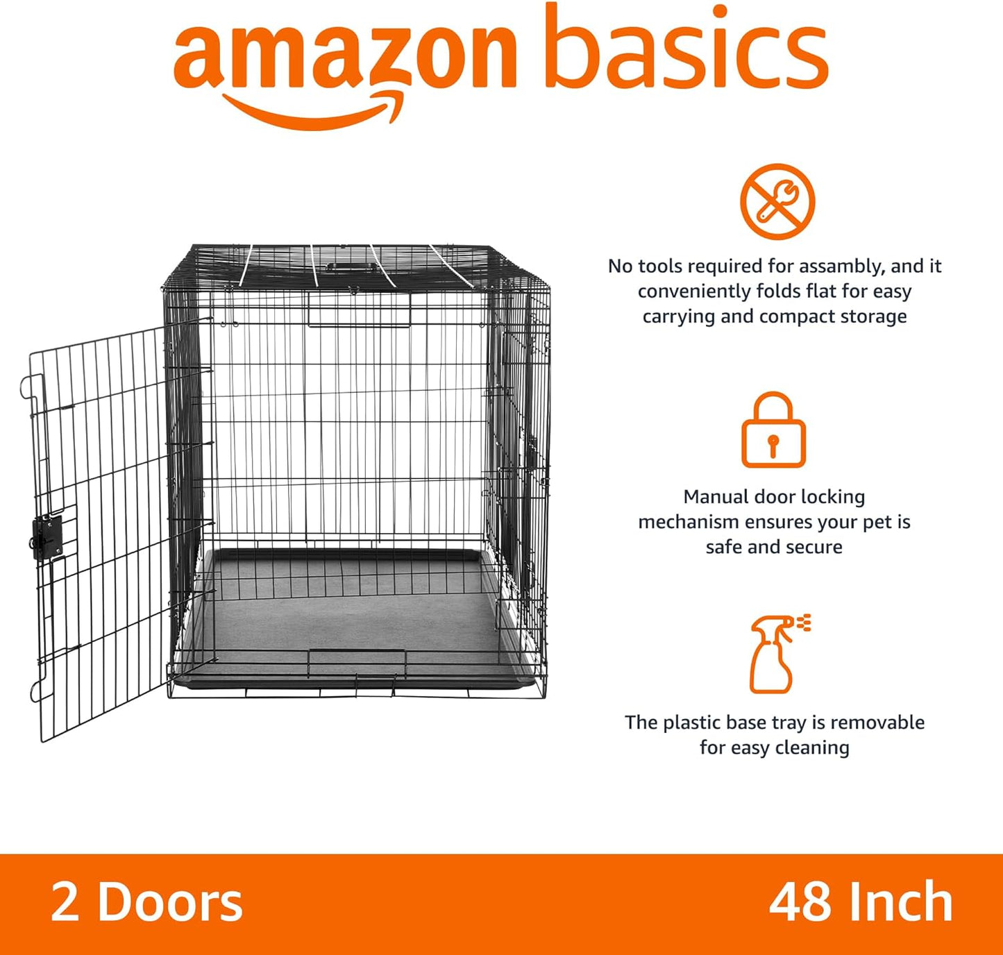 Amazon Basics Durable, Foldable Metal Wire Dog Crate with Tray, Double Door, 48 x 30 x 32.5 in, Black