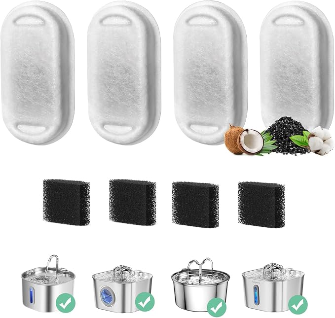 Cat Water Fountain Filter, 4 Pack Cat Fountain Filter Replacement for 108oz/3.2L & 74oz/2.2L Stainless Steel cat Water Dispenser, Pet Fountain Filters Replacement