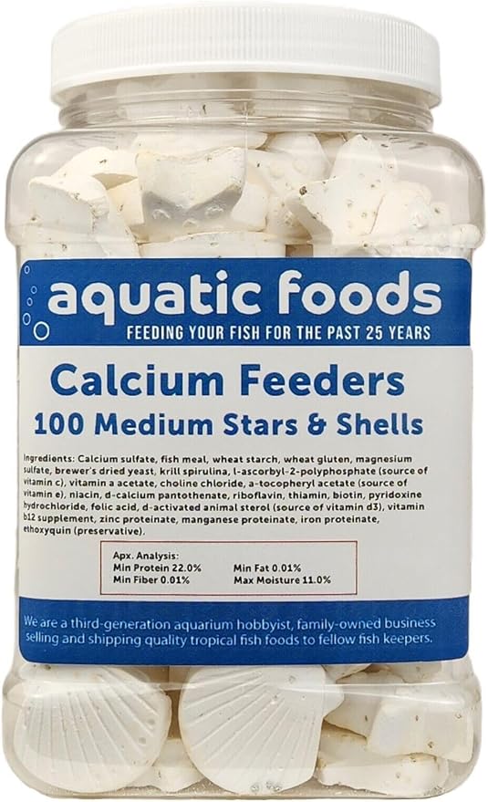 Medium Size Calcium Feeder Stars & Shells for Shrimp, Snails, Crabs, Crayfish, Hermit Crabs and All Tropical Fish…100 Count Jar