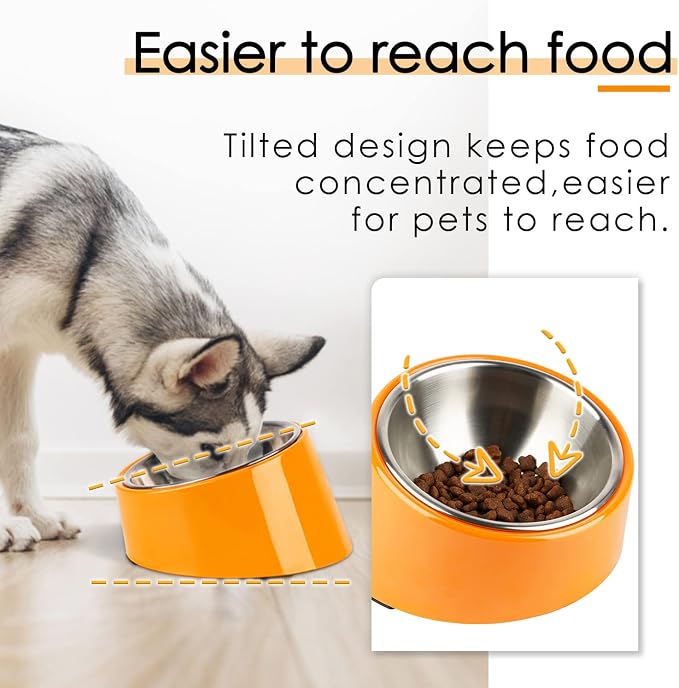 SuperDesign Mess Free 15° Slanted Bowl for Dogs and Cats, Tilted Angle Bulldog Bowl Dog Feeder, Non-Skid & Non-Spill, Easier to Reach Food M/1 Cup Bright Orange