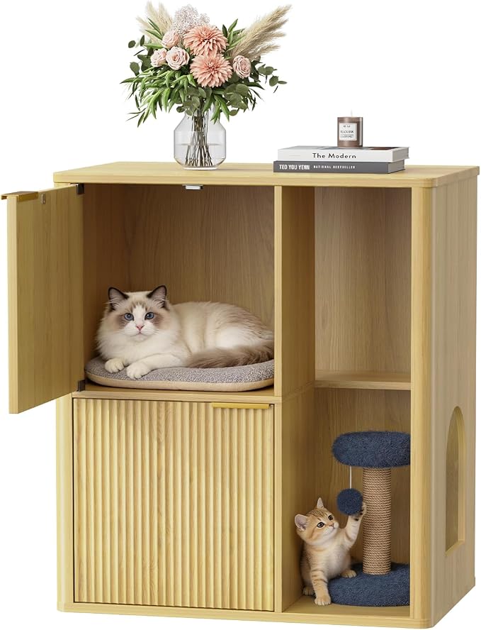 Rovibek Double Cat Litter Box Enclosure Furniture, Fluted Hidden Litter Box Enclosure for 2 Cats with Double Room, Mid Century Dual Cat Litter Cabinet with Scratching Post, Dangling Ball, Natural