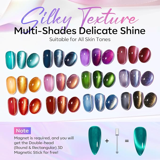 modelones 12Pcs 15ML Cat Eye Gel Nail Polish Set, Same Color Same Bottle Summer Green Blue Yellow Pink Red Purple Cateye Gel Polish Set with Magnet Sparkle Series Hema-free Gel Polish Kit Nail Art