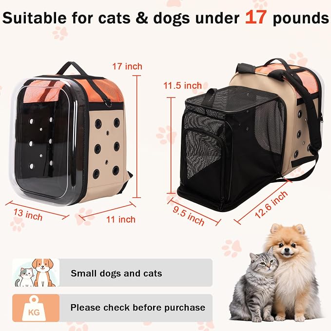 Hp hope Cat Backpack Carrier: Large Breathable Cat Backpack Bubble - Fit up to 17 lbs Transparent & Foldable Space Capsule Kitty Backpack Carrier Expandable Airline Pet Carrier for Hiking Travel