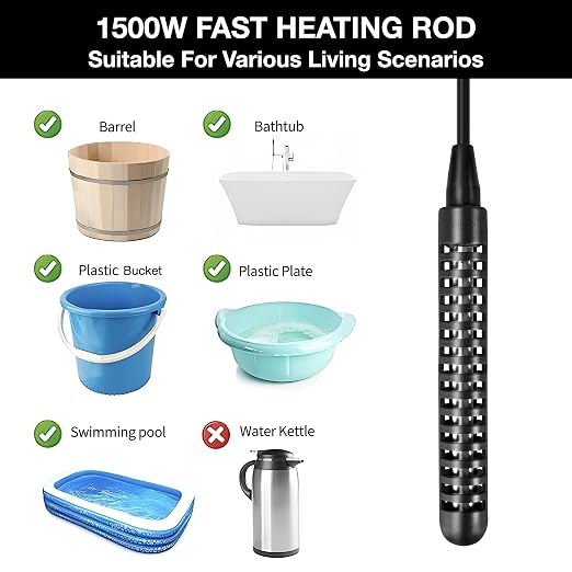 GRILLME 1500W Immersion Water Heater with Intelligent Temperature Controller,Fully Submersible Portable Electric Heater,5 Galons Bucket Heater,Corrosion Preventive 316L Shel,Easy and Convenient to Use