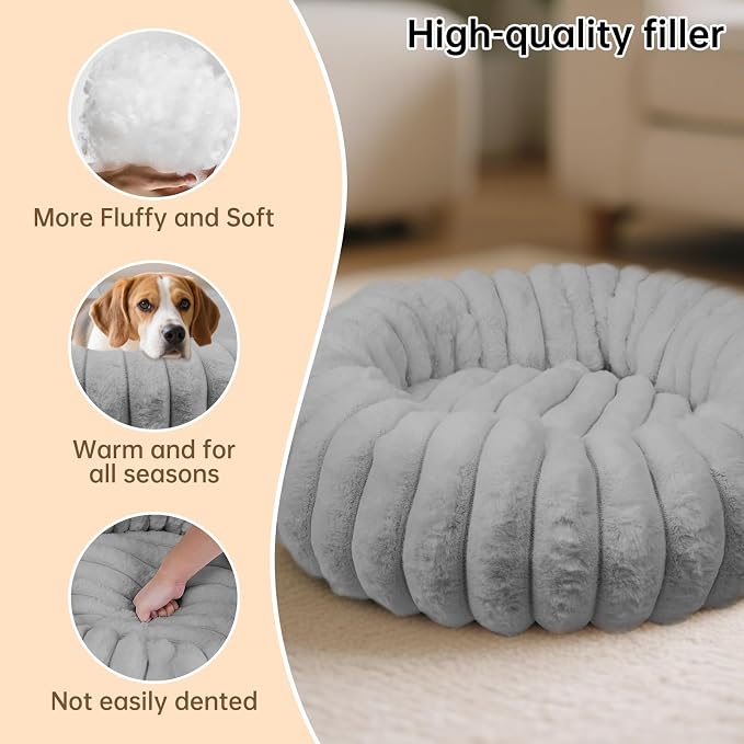 Donut Dog and Cat Bed, Luxurious Comfortable Faux Rabbit Fur Pet Beds, Round Anti-Anxiety Calming Puppy Kitten Bed with Anti-Slip Bottom for Small Medium Dogs & Cats(23", Grey)