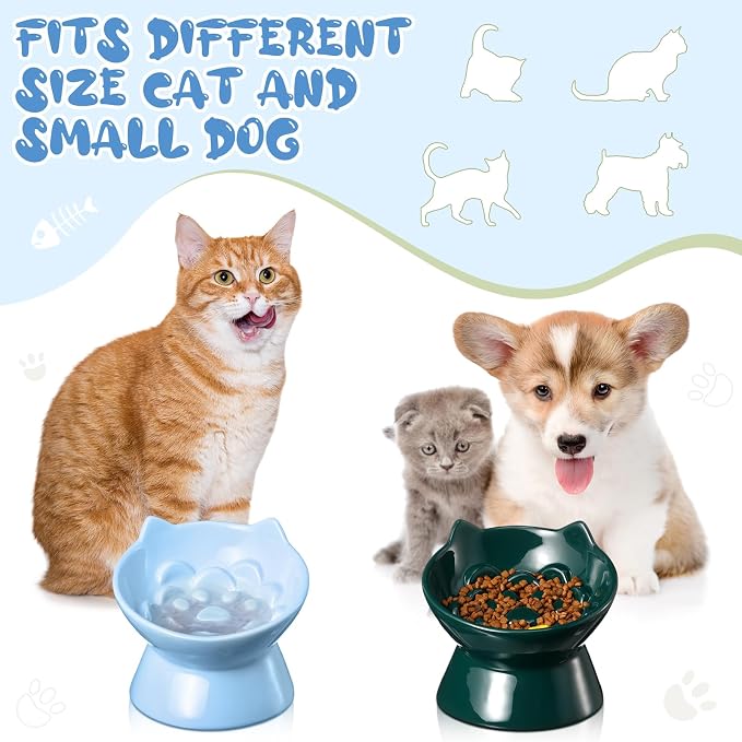 Funnymoom 2 Pcs Ceramic Raised Slow Feeder Cat Bowl, 5.91inch Elevated Cat Slow Feeder Bowl Tilted Anti Vomiting for Dry Wet Food and Water Easy to Clean High Edge(Dark Green, Blue)