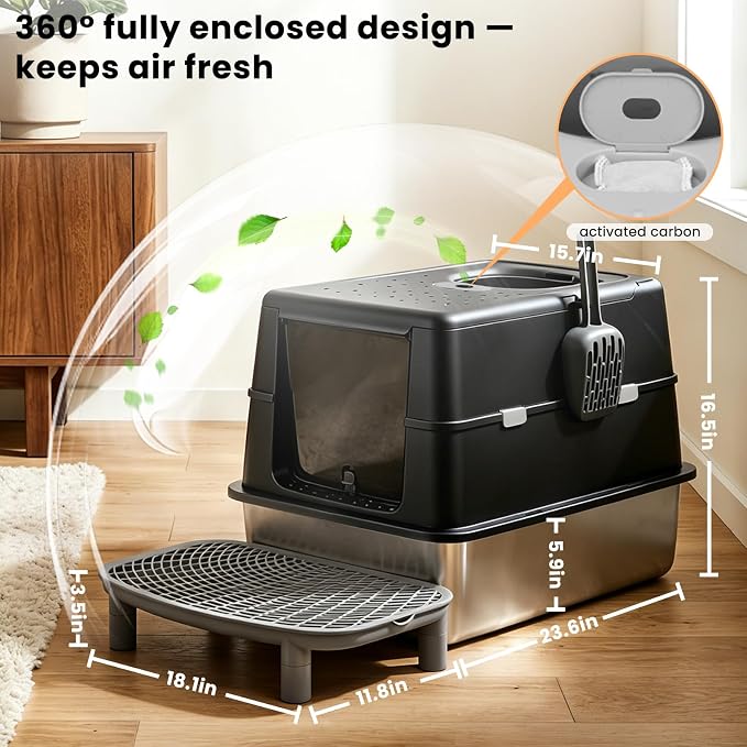 Extra Large Stainless Steel Cat Litter Box with 120° Lid for Multiple Cats, Enclosed Top Entry Litter Box High-Sided Anti-Leak, Dog Proof Litter Boxes with Litter Step & Scoop