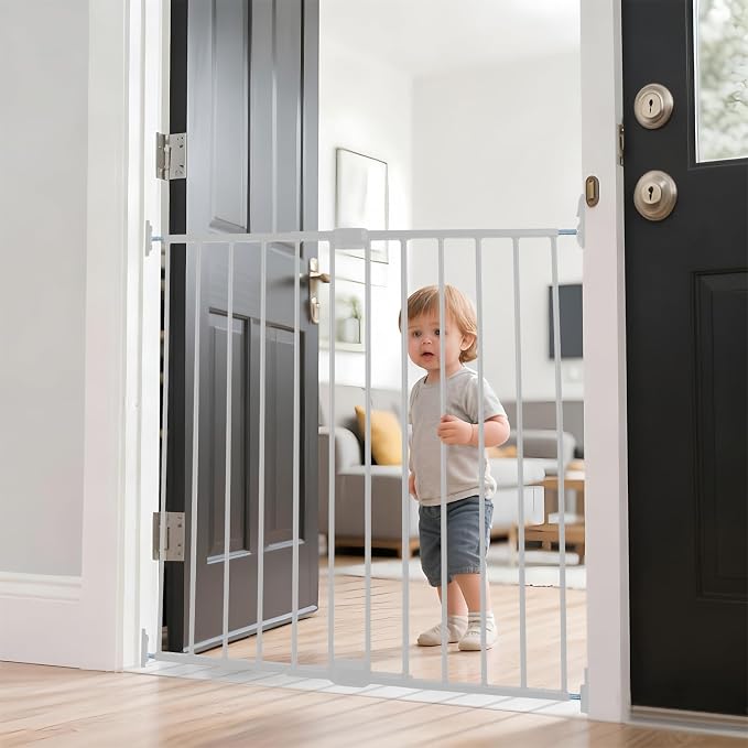 Adjustable Pet Safety Swing Gate, Hardware-Mounted Metal Gate for Stairs and Doorways, Secure Latch for Pets (White, 24"-40.5" W x 28.75" H)