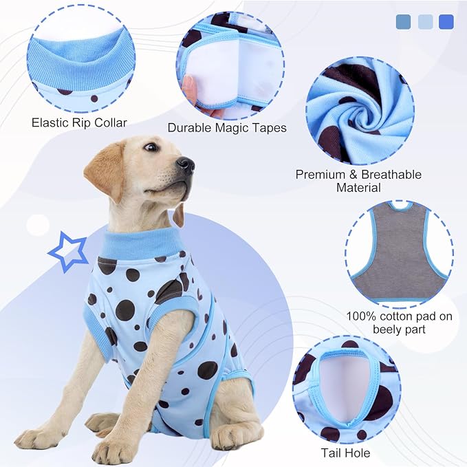 Kuoser Dog Surgery Suit, Soft Dog Spay Recovery Suit Female, Anti Licking Neuter Recovery Suit for Male Dogs, Post-Op Pet Surgical Suit Protective Wear E-Collar & Cone Alternative,Blue Polka Dots M