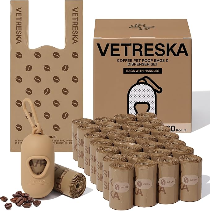 VETRESKA Dog Poop Bags with Handles 450 Count, Coffee Scented Waste Bags, Leak-Proof Thick Dog Bags for Poop, Easy-Tie Large Poop Bags, 30 Refill Rolls with 1 Dispenser for Dog Walking Cat Litter