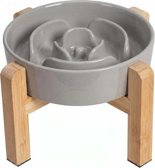 Elevated Slow Feeder Dog Bowl - Ceramic Maze Food Dish with Bamboo Stand - Raised Feeding Bowl for Fast Eaters Small and Medium Dogs - Grey